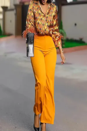 Satin Printed Blouse and Wide Leg Pants Set