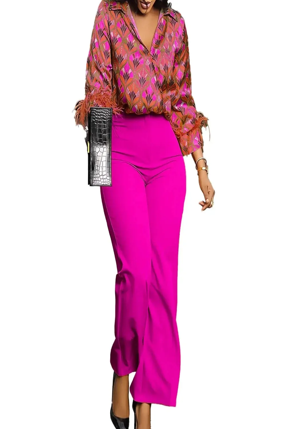 Satin Printed Blouse and Wide Leg Pants Set
