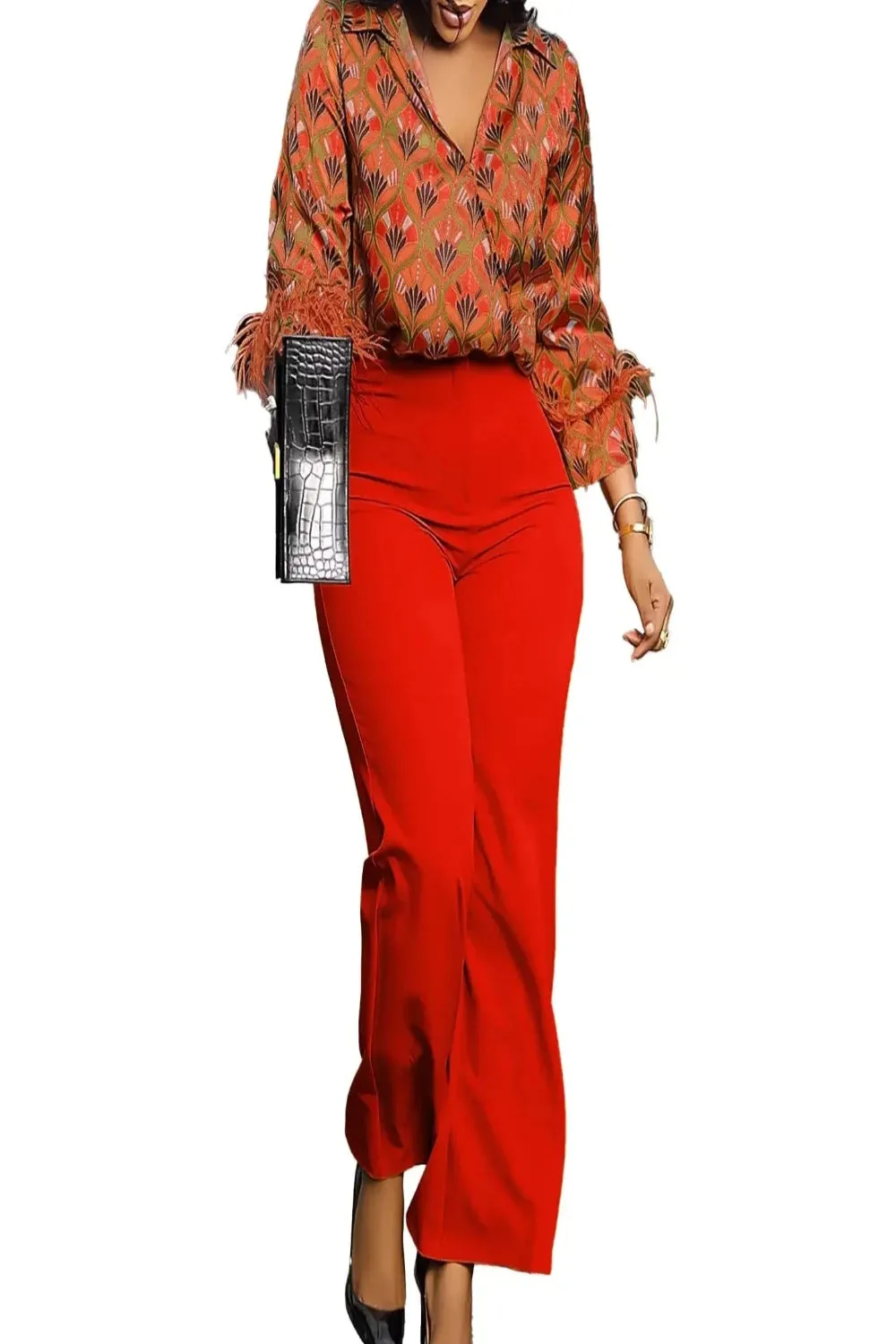 Satin Printed Blouse and Wide Leg Pants Set