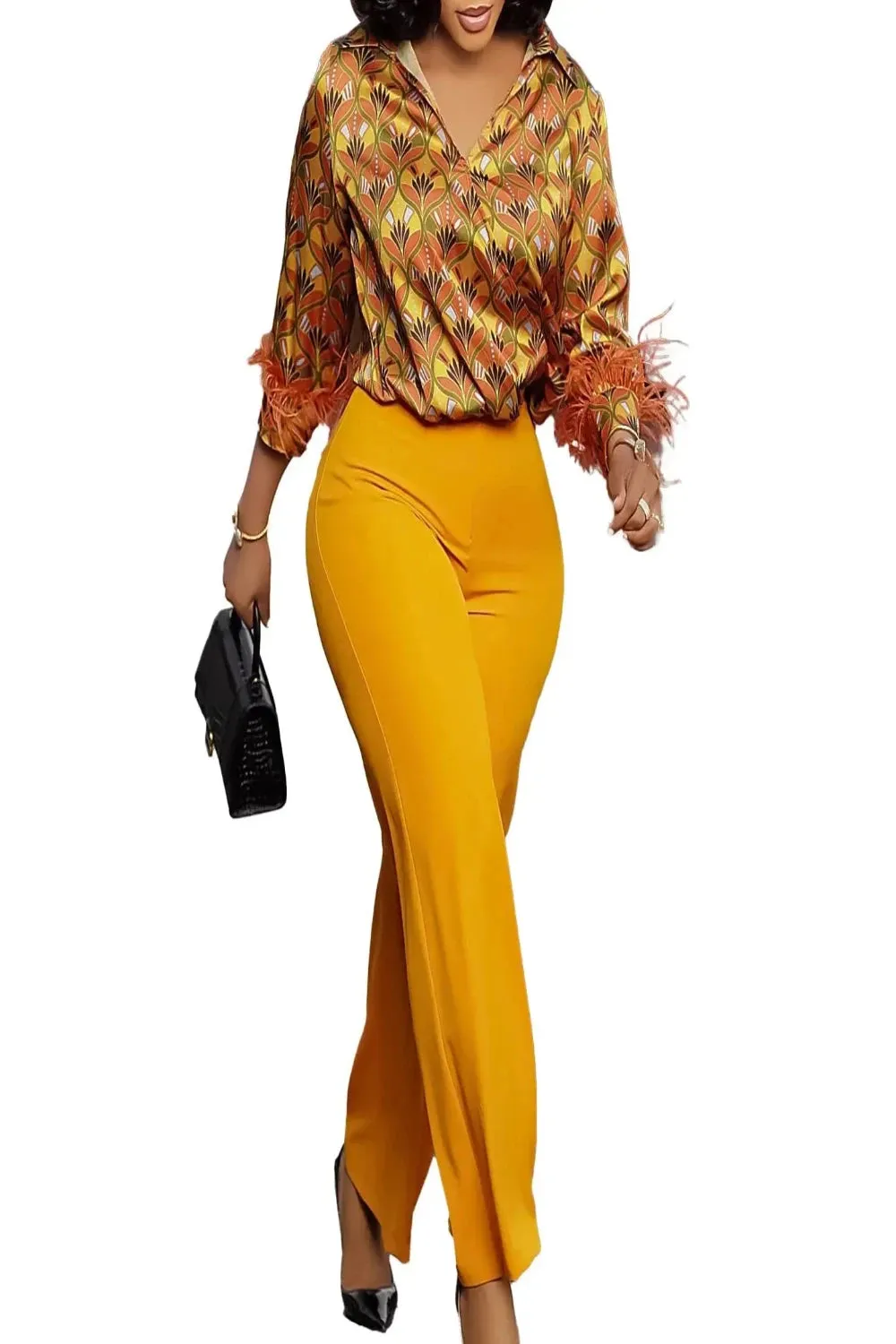 Satin Printed Blouse and Wide Leg Pants Set