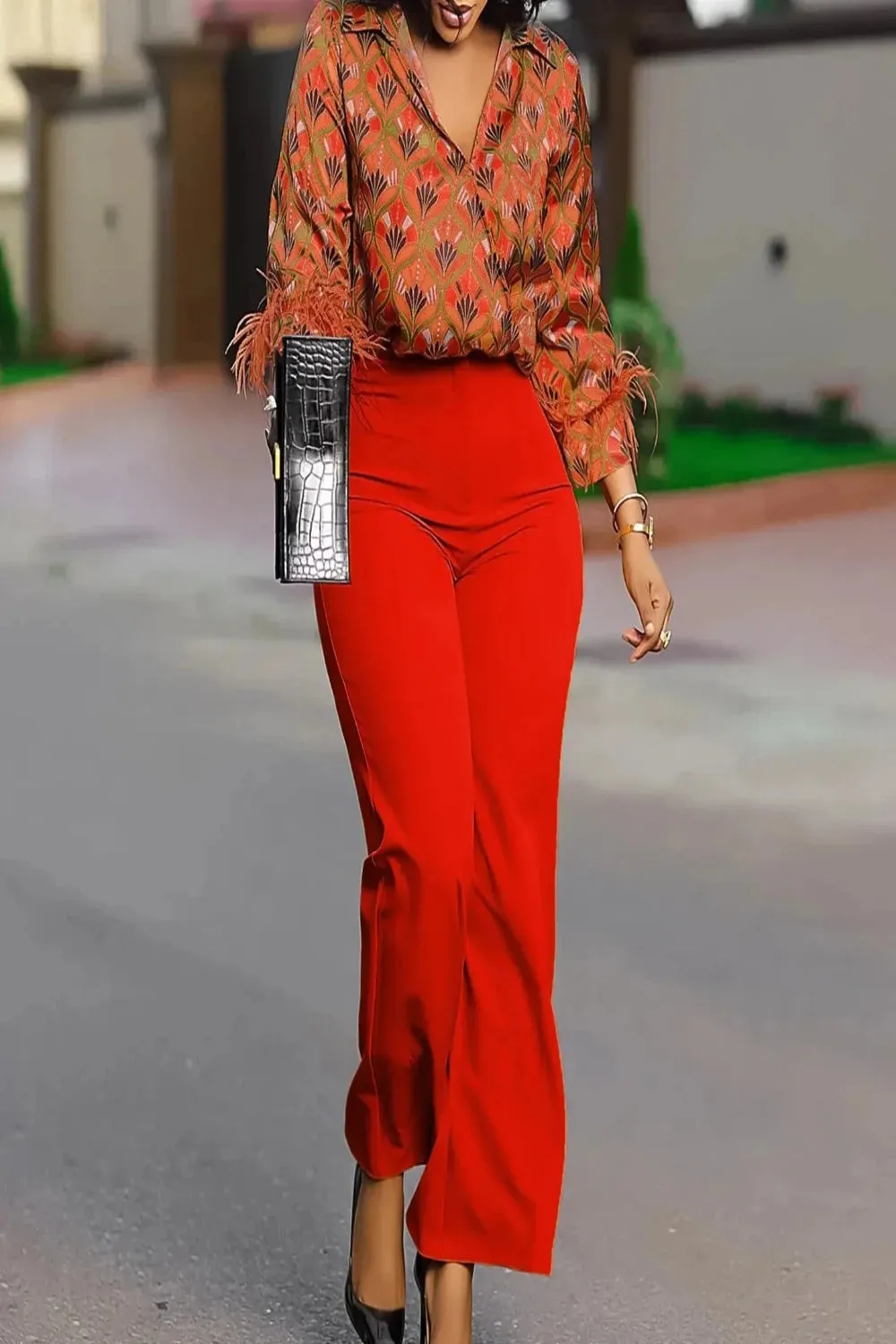 Satin Printed Blouse and Wide Leg Pants Set