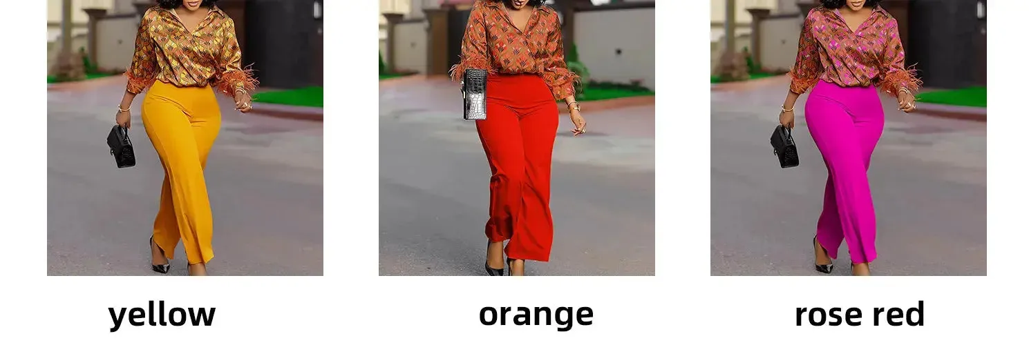 Satin Printed Blouse and Wide Leg Pants Set