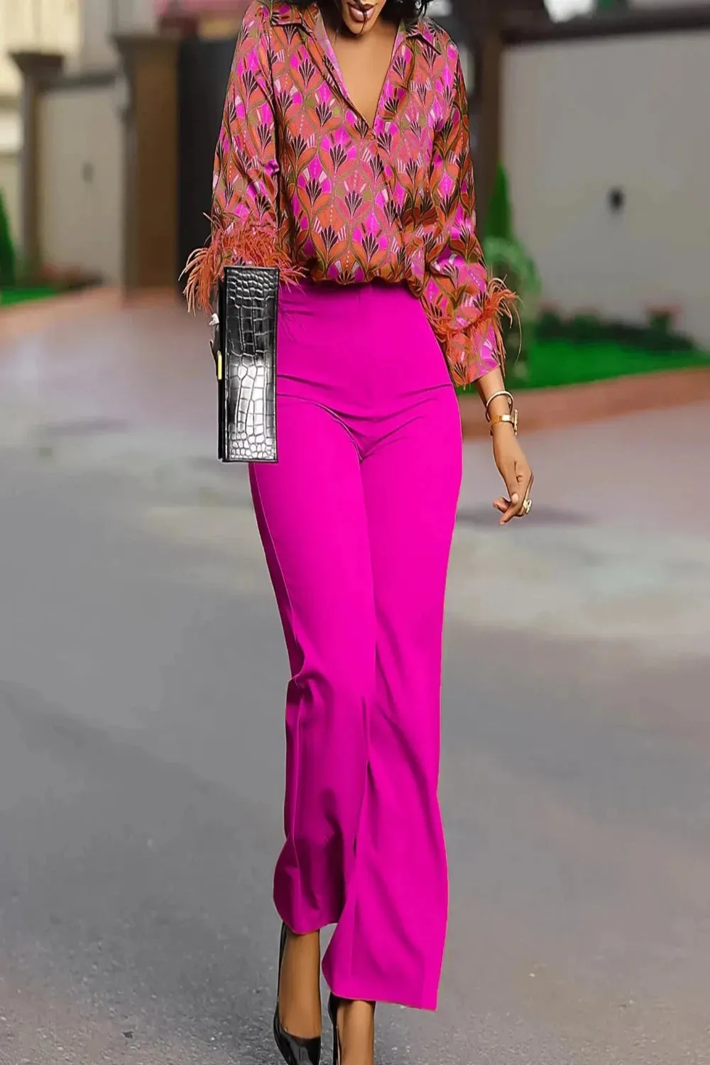 Satin Printed Blouse and Wide Leg Pants Set