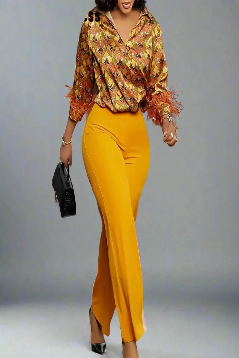 Satin Printed Blouse and Wide Leg Pants Set