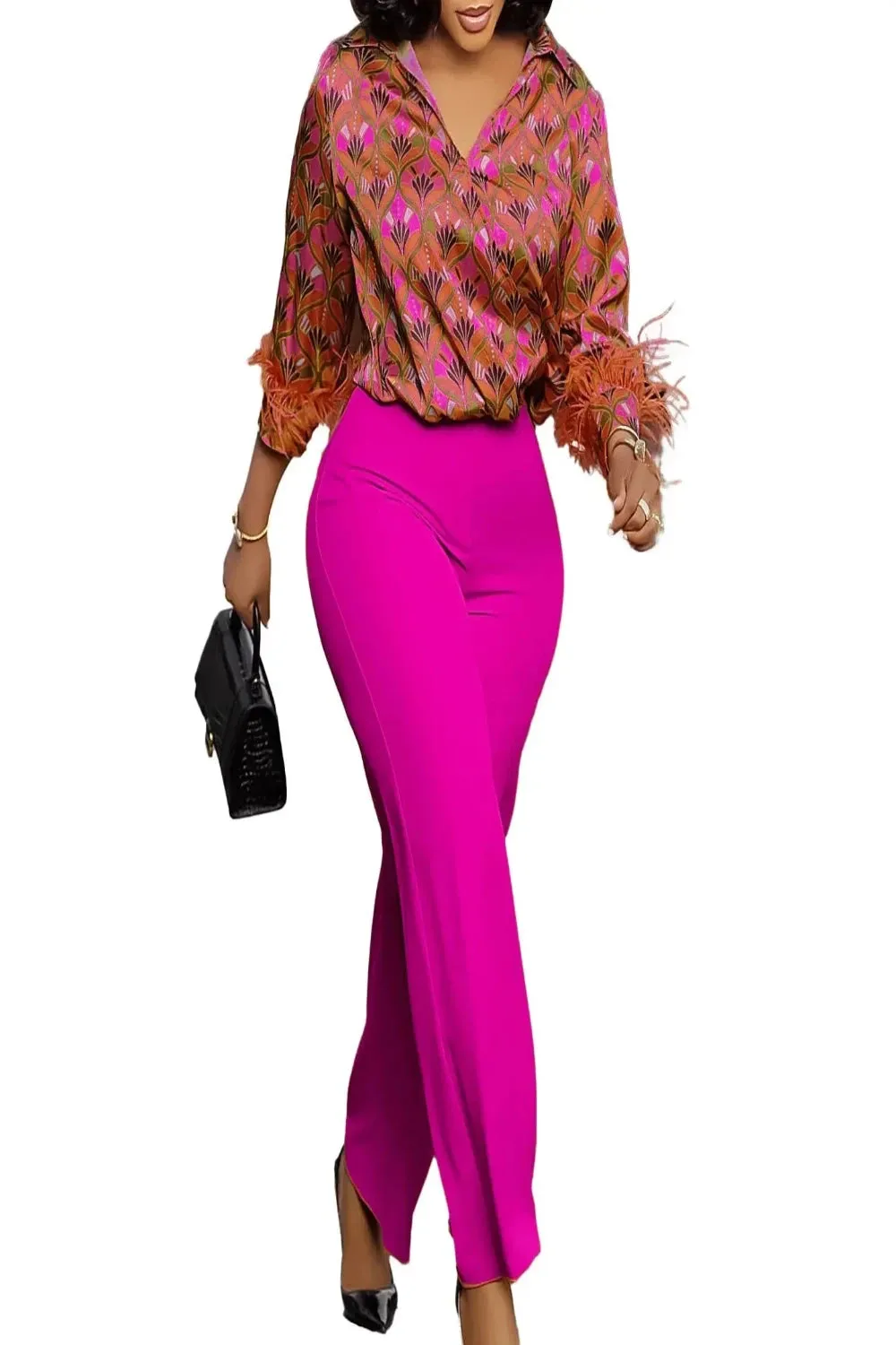 Satin Printed Blouse and Wide Leg Pants Set