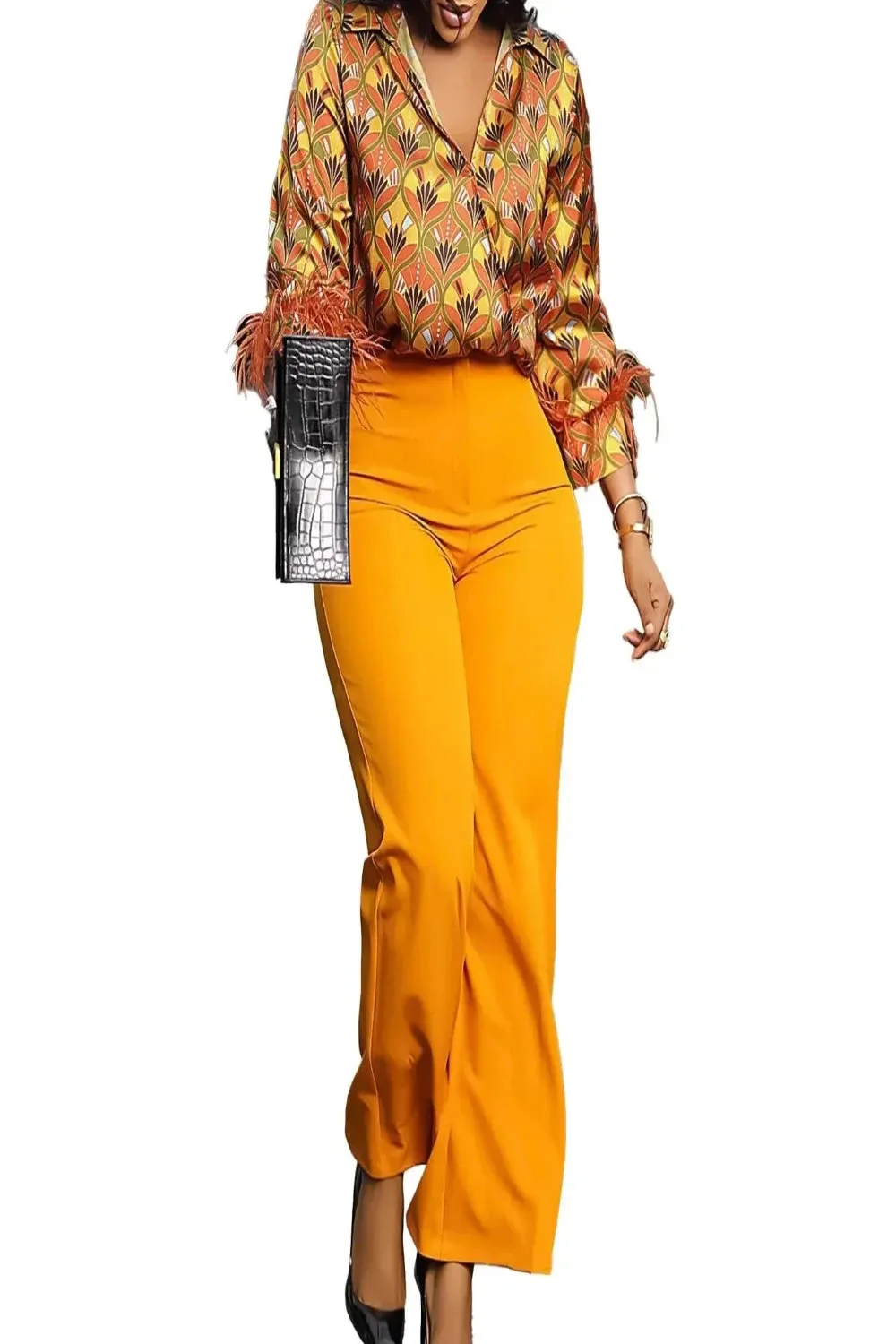 Satin Printed Blouse and Wide Leg Pants Set