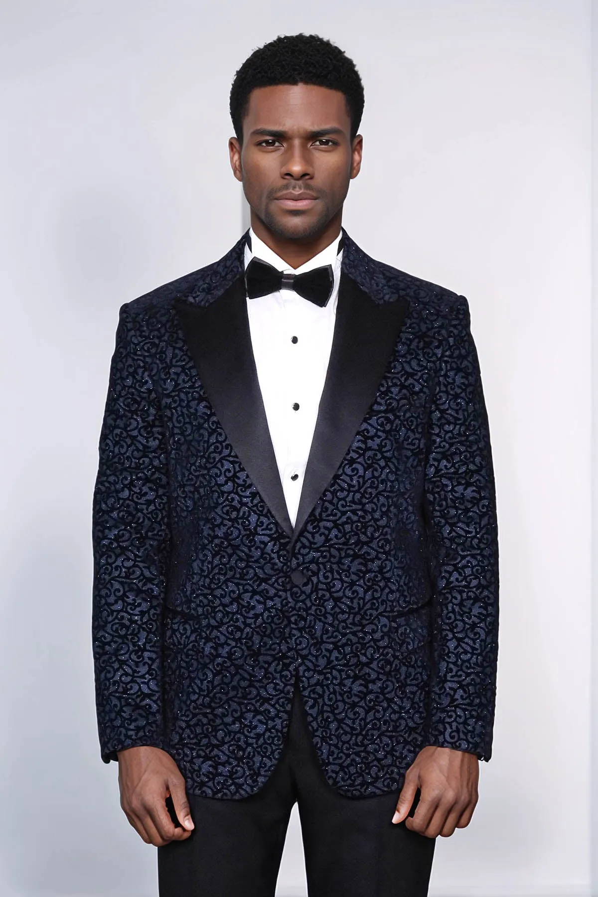 Scroll Patterned Navy Blue Men Prom Blazer - Wessi
