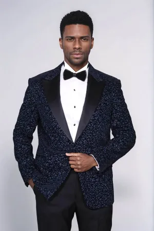Scroll Patterned Navy Blue Men Prom Blazer - Wessi