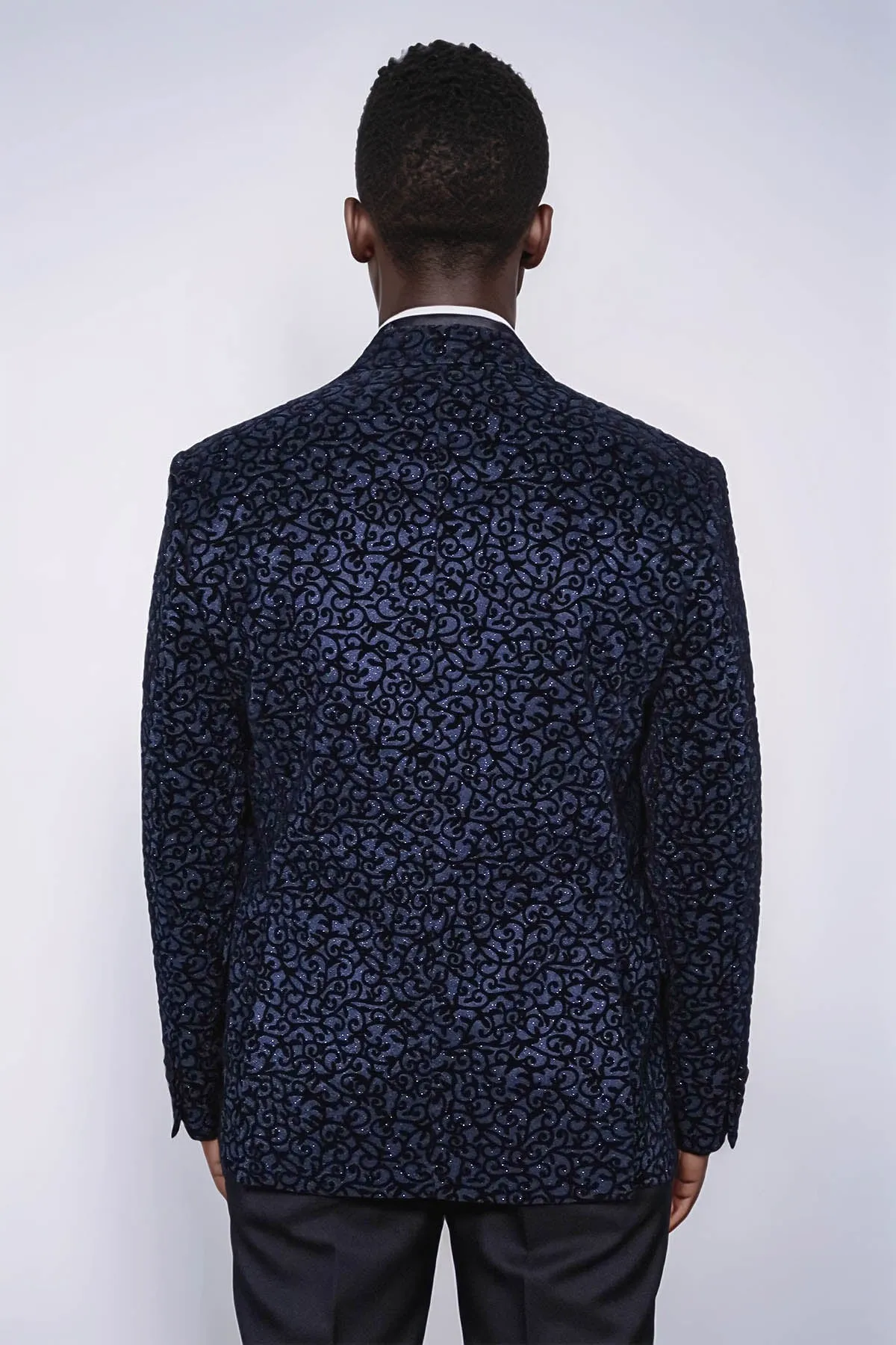 Scroll Patterned Navy Blue Men Prom Blazer - Wessi
