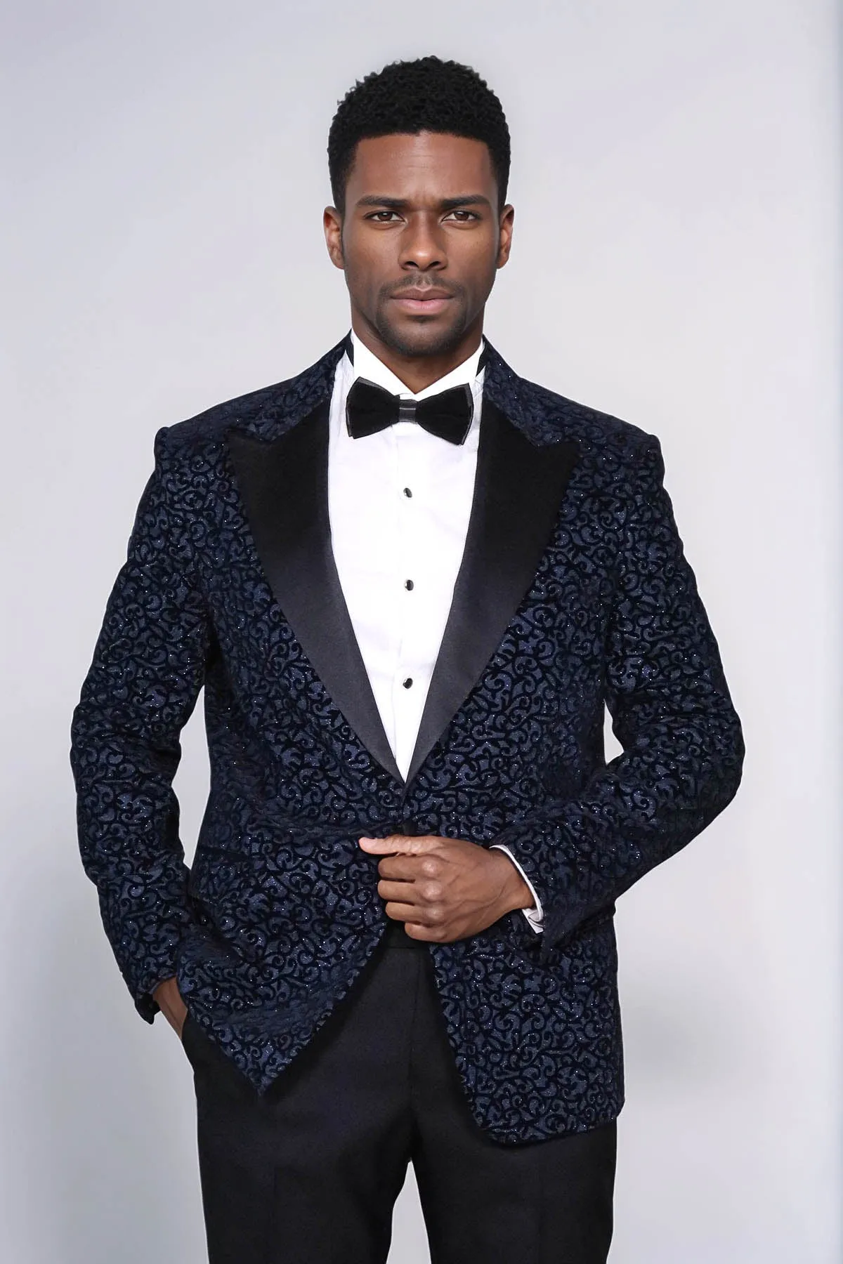 Scroll Patterned Navy Blue Men Prom Blazer - Wessi