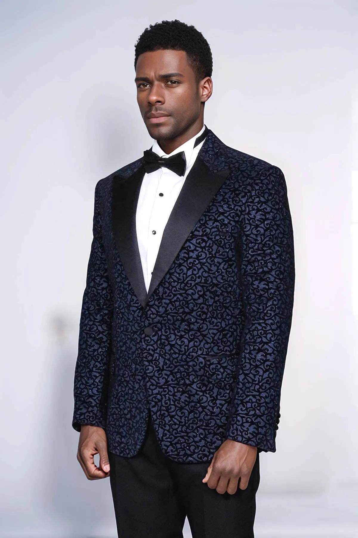 Scroll Patterned Navy Blue Men Prom Blazer - Wessi
