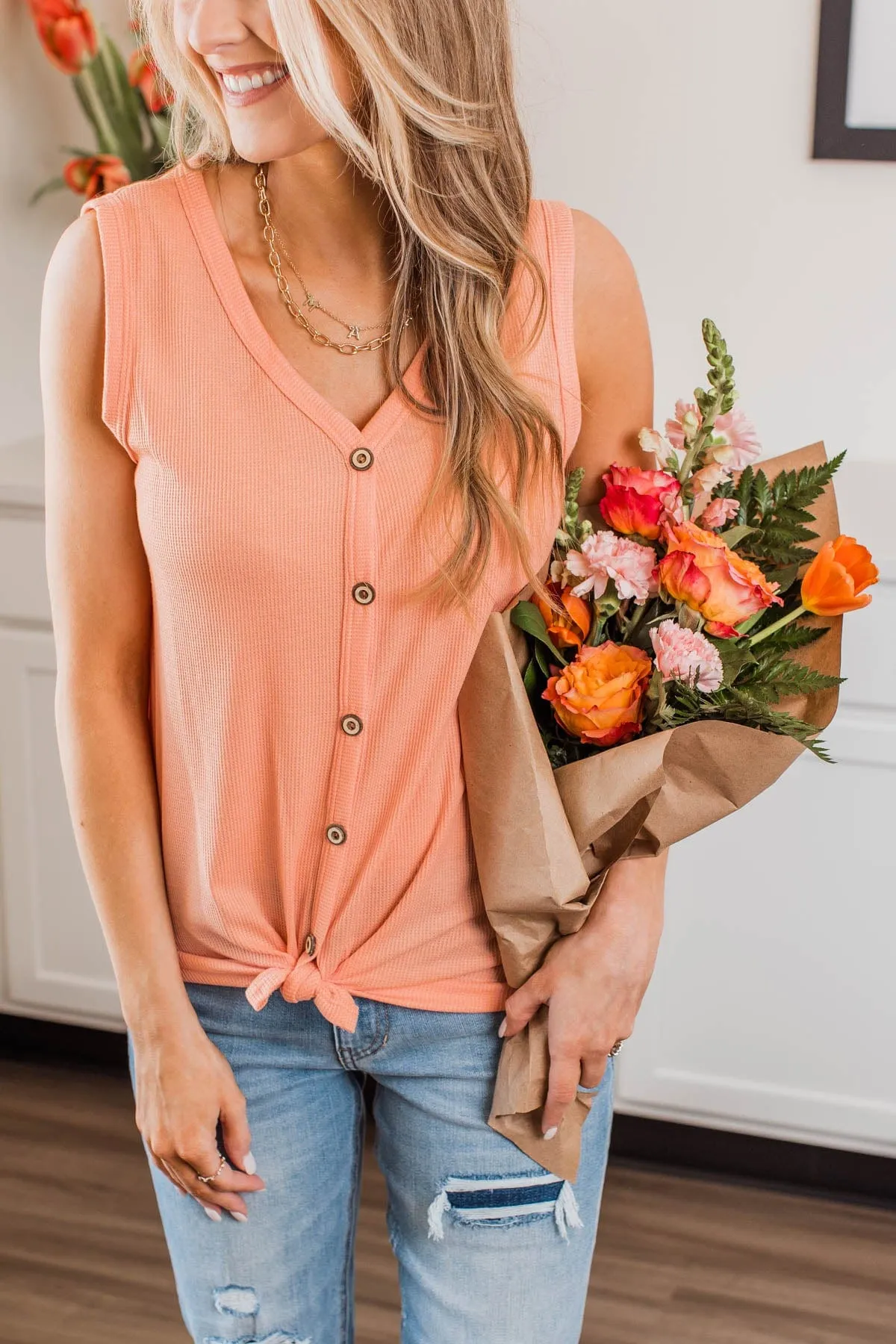 See How I Arrive Button Tank- Peach