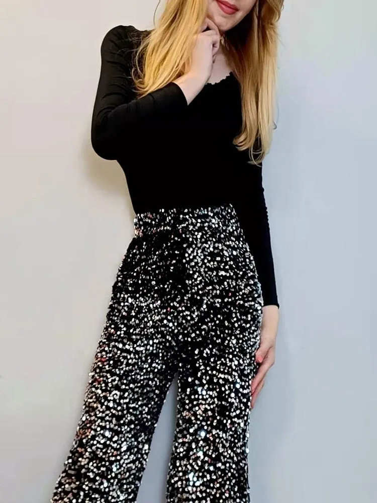 Sequin Stretchy Straight Leg Pants