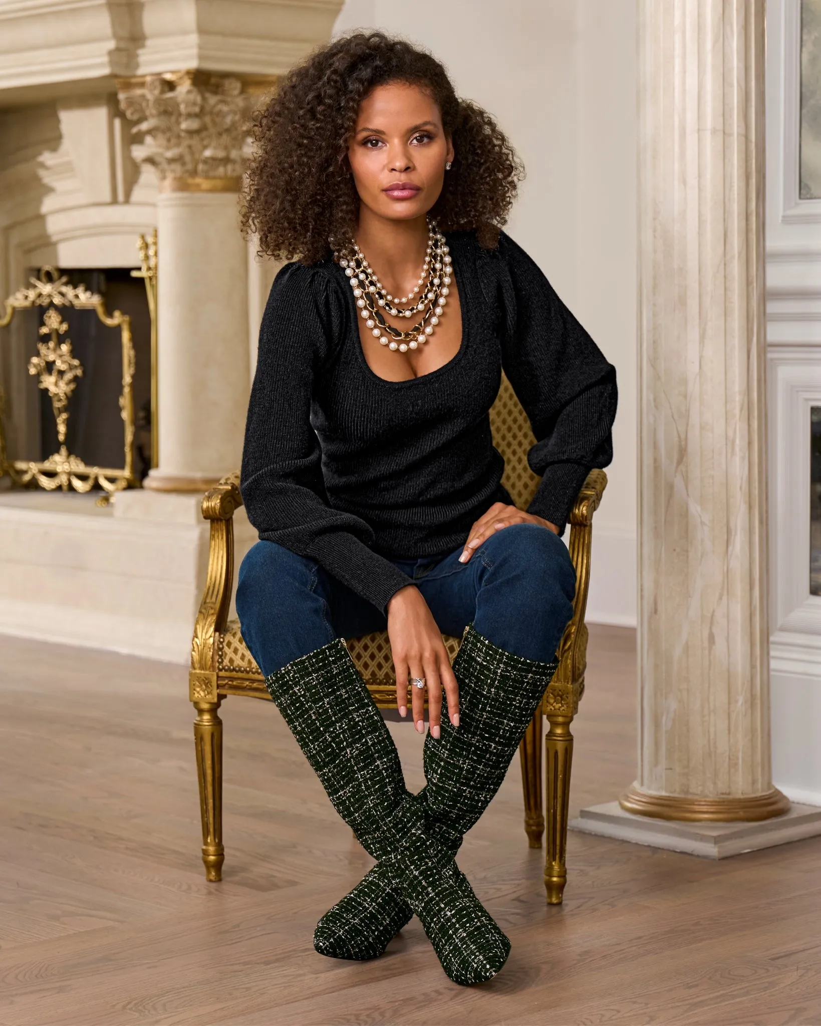 Sequin Tweed Boot Black Multi