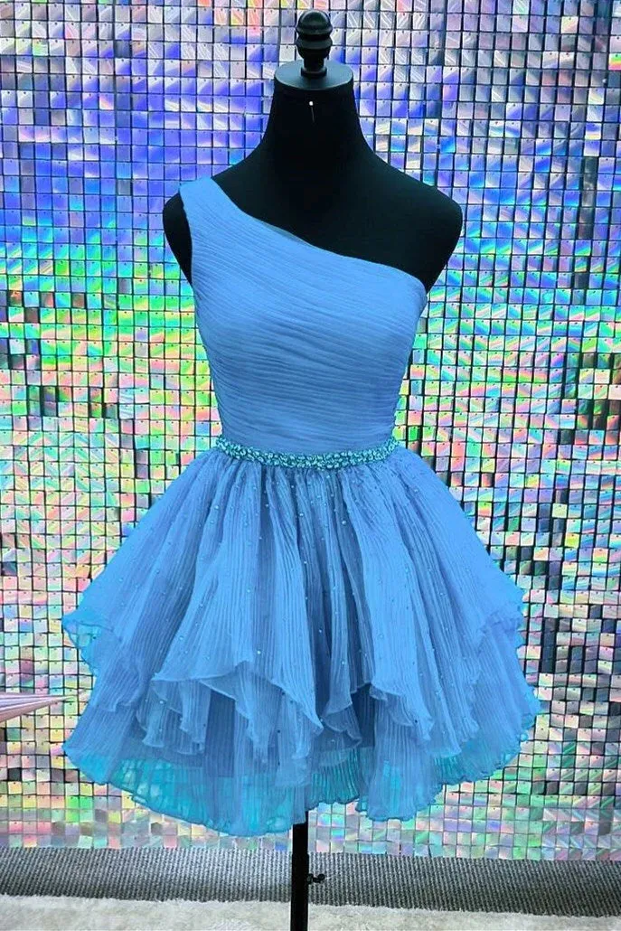 Seren | One-Shoulder Beaded Ruffle Homecoming Dress in Blue