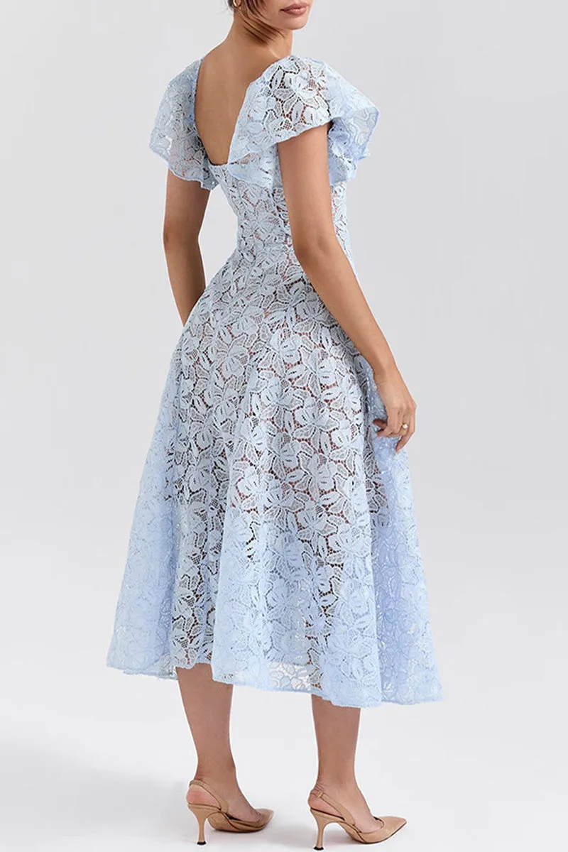 Sexy Hollow Out Ruffle V Neck A Line Short Sleeve Dress