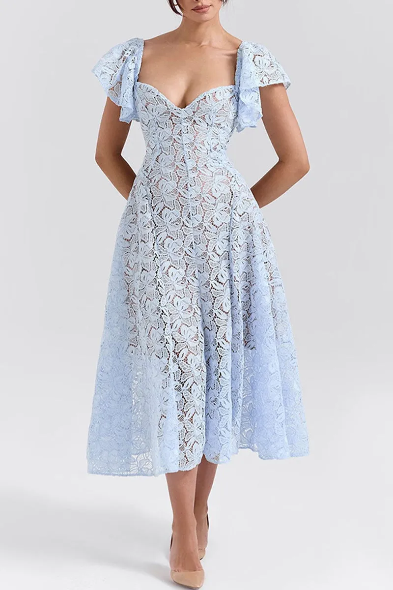 Sexy Hollow Out Ruffle V Neck A Line Short Sleeve Dress