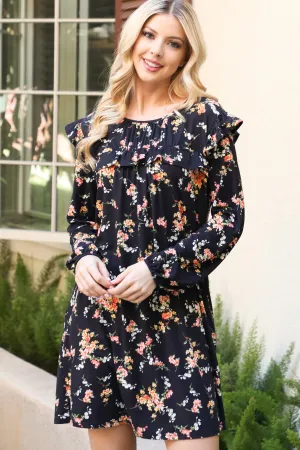 Shirring Ruffle Detail Long Sleeve Floral Dress