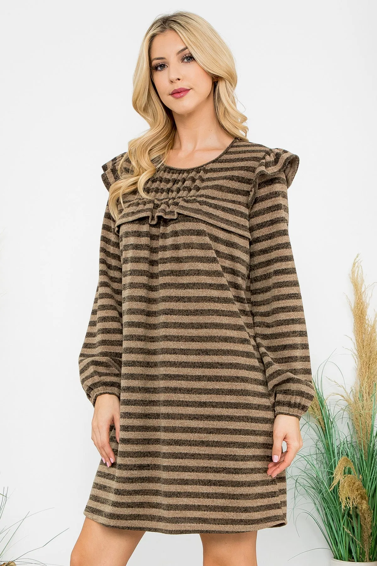 Shirring Ruffle Detail Long Sleeve Stripe Dress