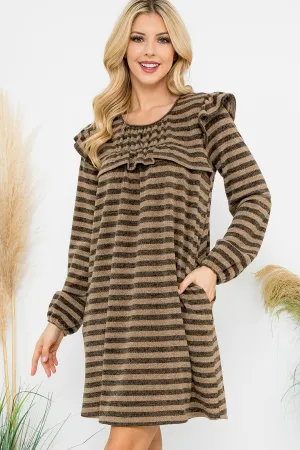 Shirring Ruffle Detail Long Sleeve Stripe Dress