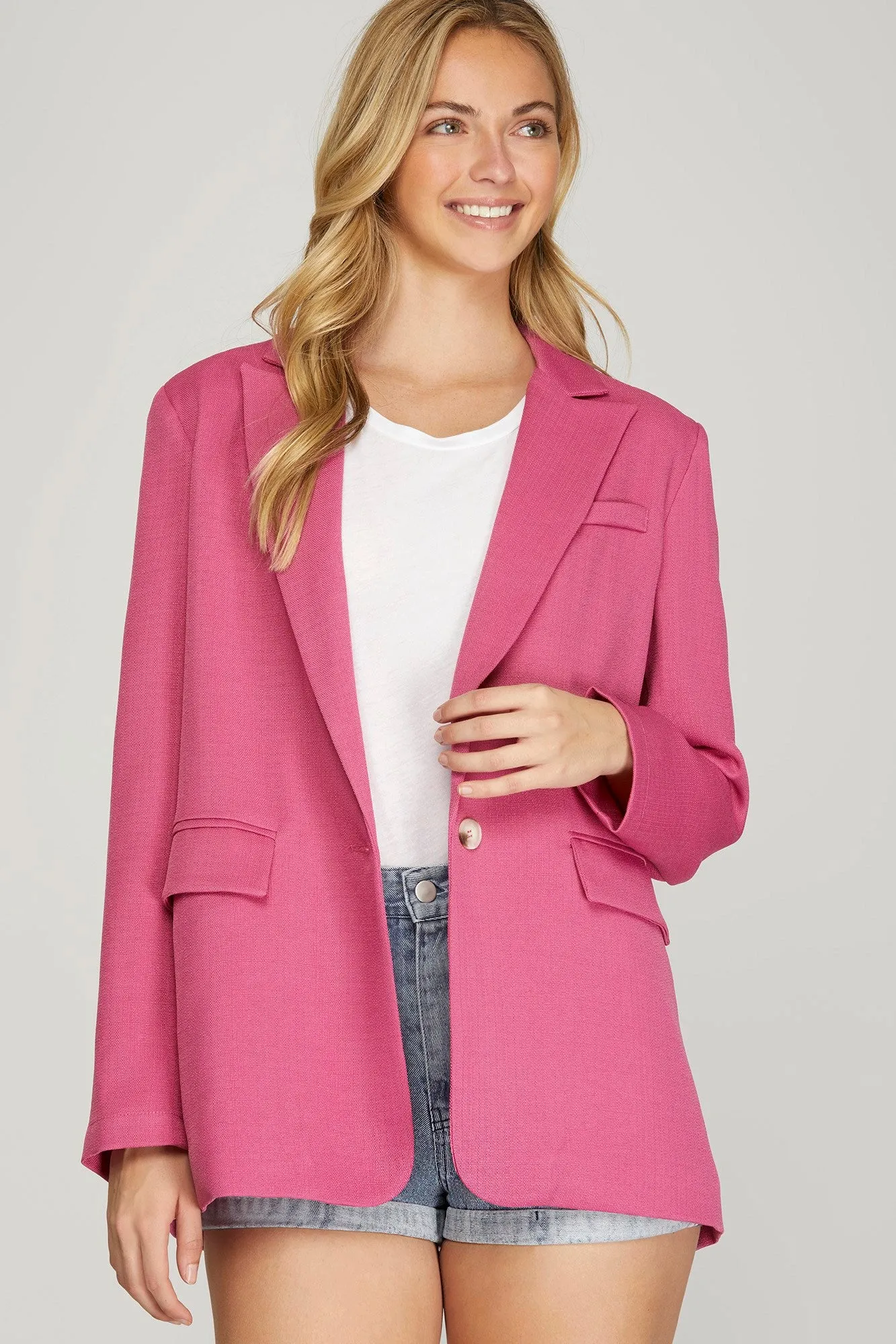 Single Breasted Woven Blazer with Front Pockets in Pink