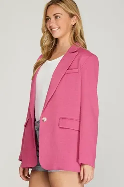 Single Breasted Woven Blazer with Front Pockets in Pink
