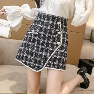 Skirts for Women   Fashion Buttons Double Breasted Tweed Wool Mini Skirt