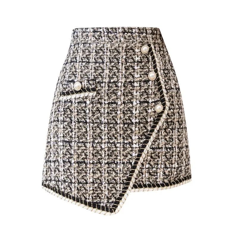 Skirts for Women   Fashion Buttons Double Breasted Tweed Wool Mini Skirt