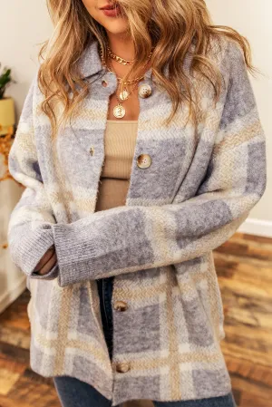 Sky Blue Fuzzy Plaid Collared Button Up Cardigan