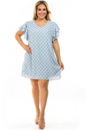 Sky Blue Lattice Print Ruffle Sleeve Dress
