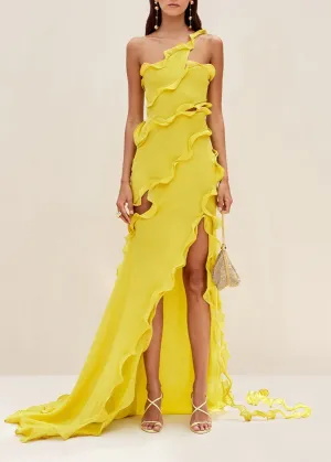 Solara – One-Shoulder Ruffle Slit Gown