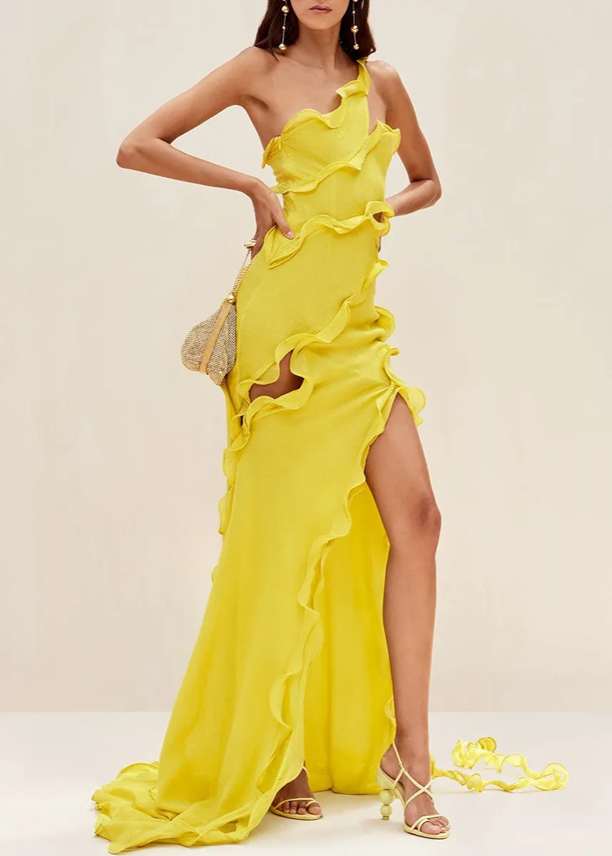 Solara – One-Shoulder Ruffle Slit Gown