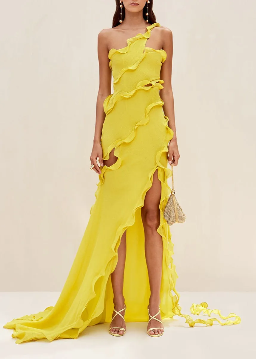 Solara – One-Shoulder Ruffle Slit Gown
