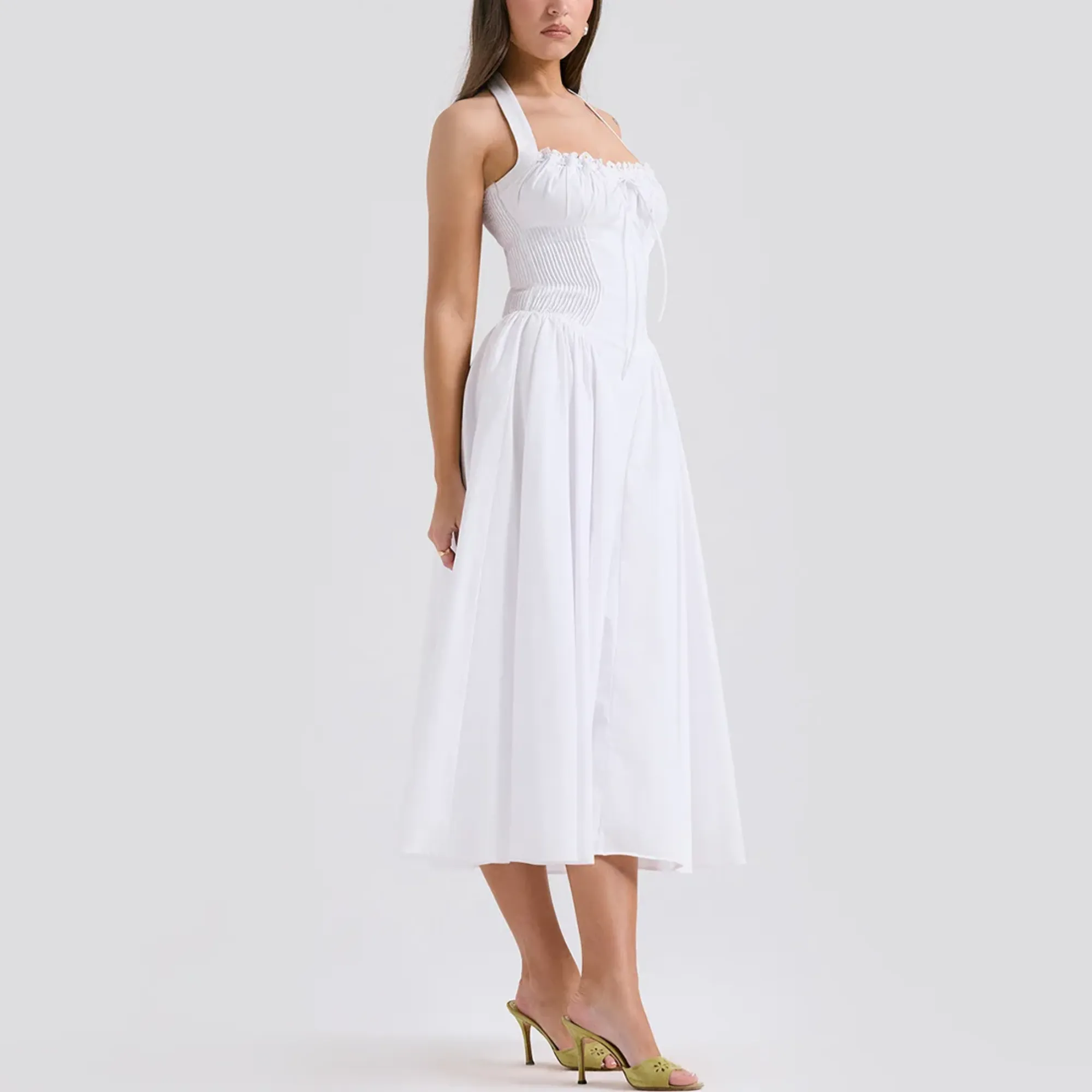 Solene - White A Line Midi Halter Neck Dress