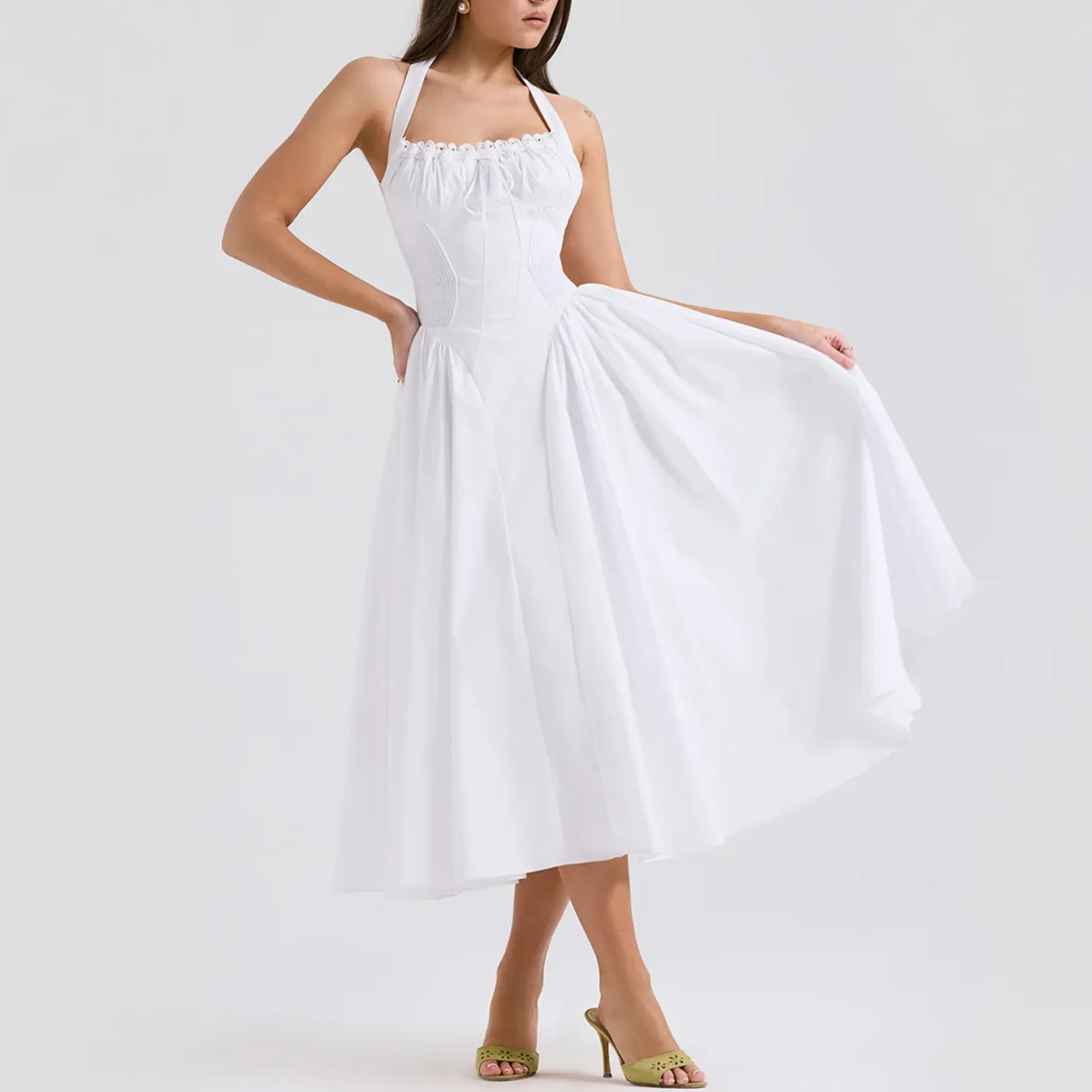 Solene - White A Line Midi Halter Neck Dress