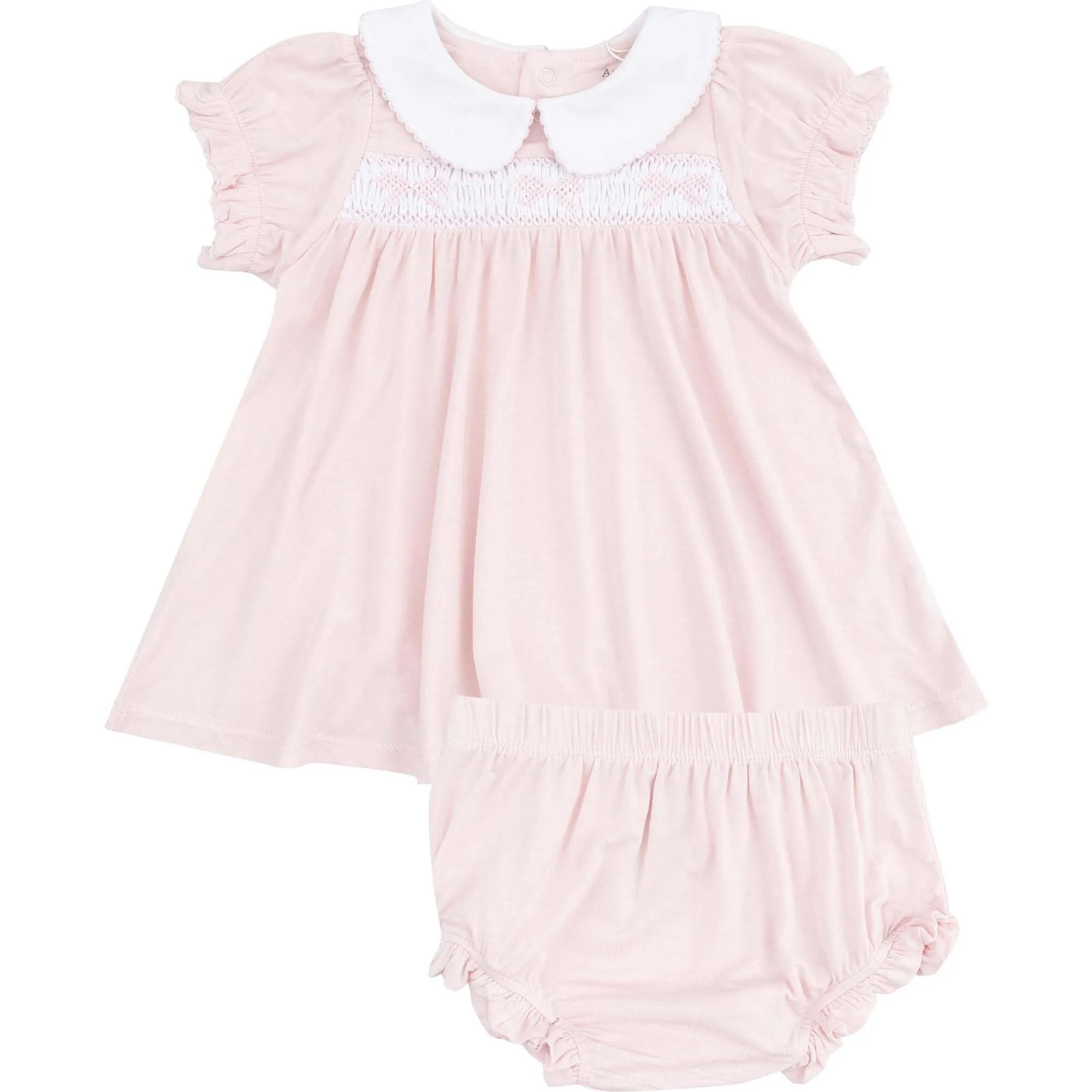 Solid Classic Pink Smocked Peterpan Collar Dress And Ruffle Leg Bloomer