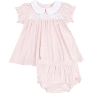 Solid Classic Pink Smocked Peterpan Collar Dress And Ruffle Leg Bloomer