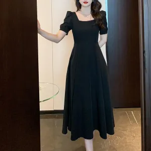 Solid Color Puff Sleeve Mid Dress for a Classy Look