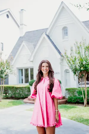 Solid Puff Sleeve Ruffle Pocket Dress - Pink