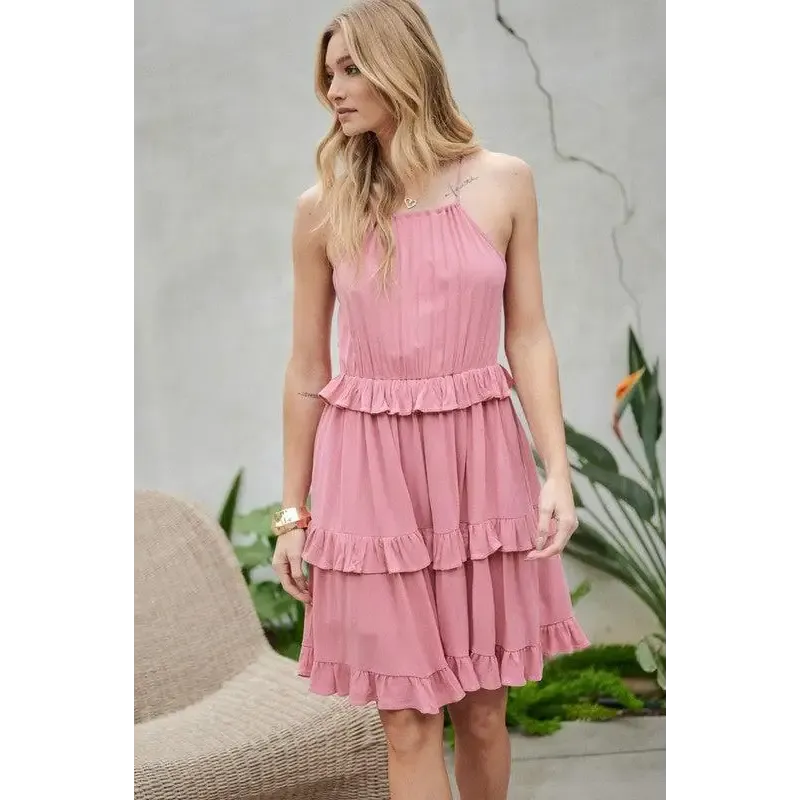 SOLID RUFFLE SLEEVELESS MINI DRESS
