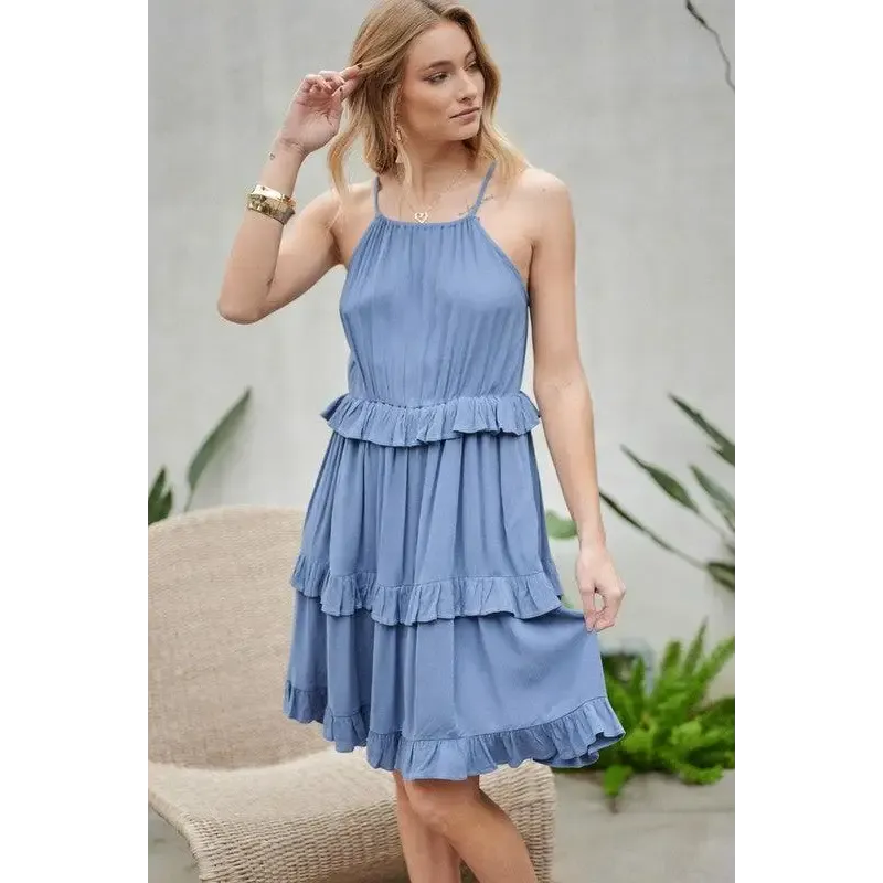 SOLID RUFFLE SLEEVELESS MINI DRESS