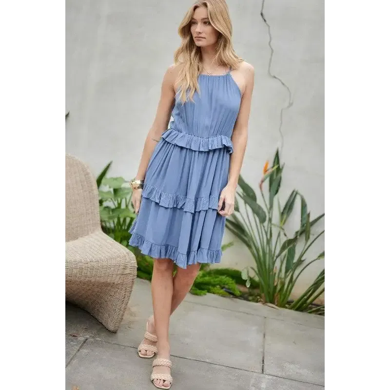 SOLID RUFFLE SLEEVELESS MINI DRESS