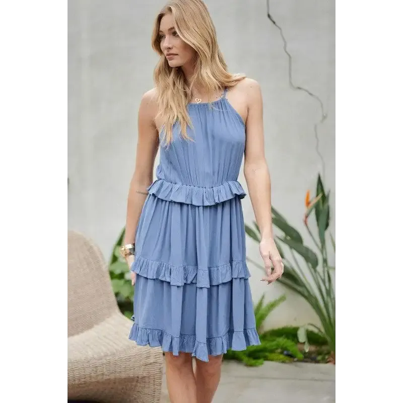 SOLID RUFFLE SLEEVELESS MINI DRESS