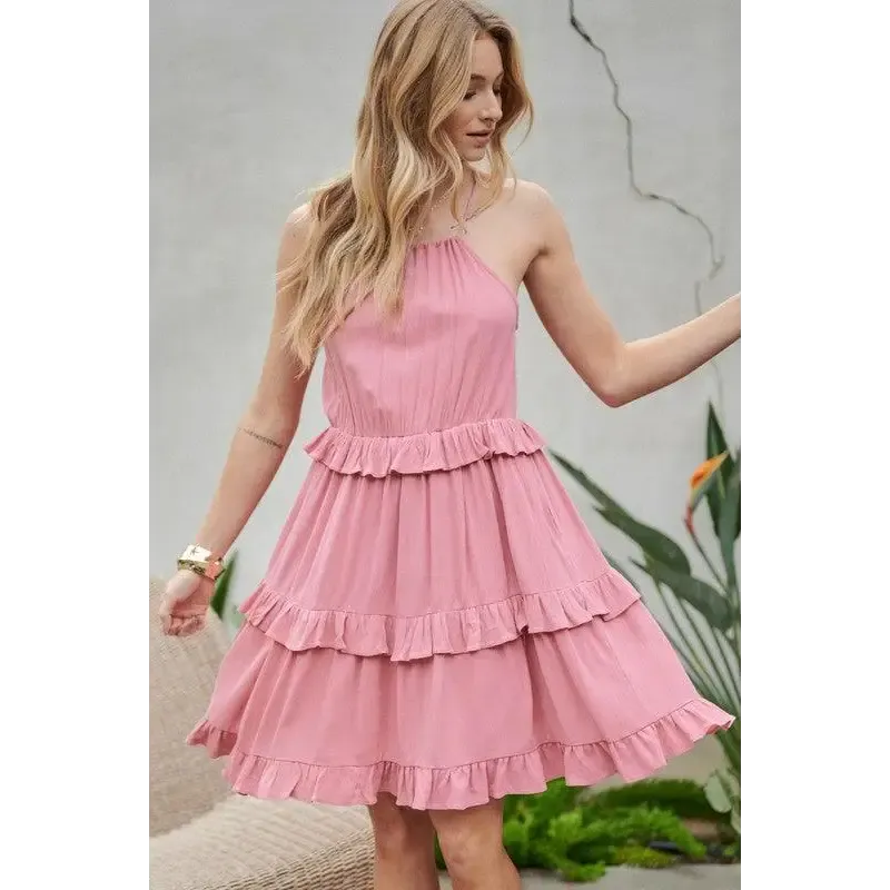 SOLID RUFFLE SLEEVELESS MINI DRESS