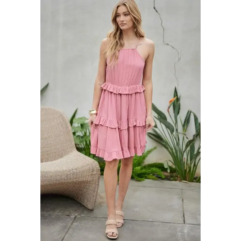 SOLID RUFFLE SLEEVELESS MINI DRESS