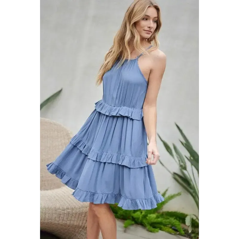 SOLID RUFFLE SLEEVELESS MINI DRESS