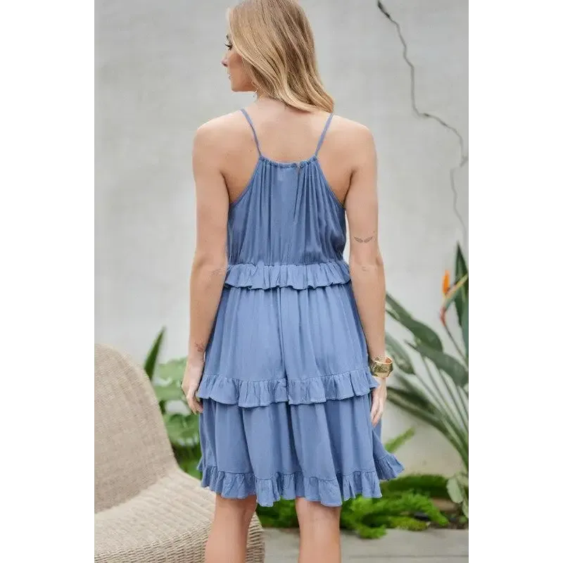 SOLID RUFFLE SLEEVELESS MINI DRESS