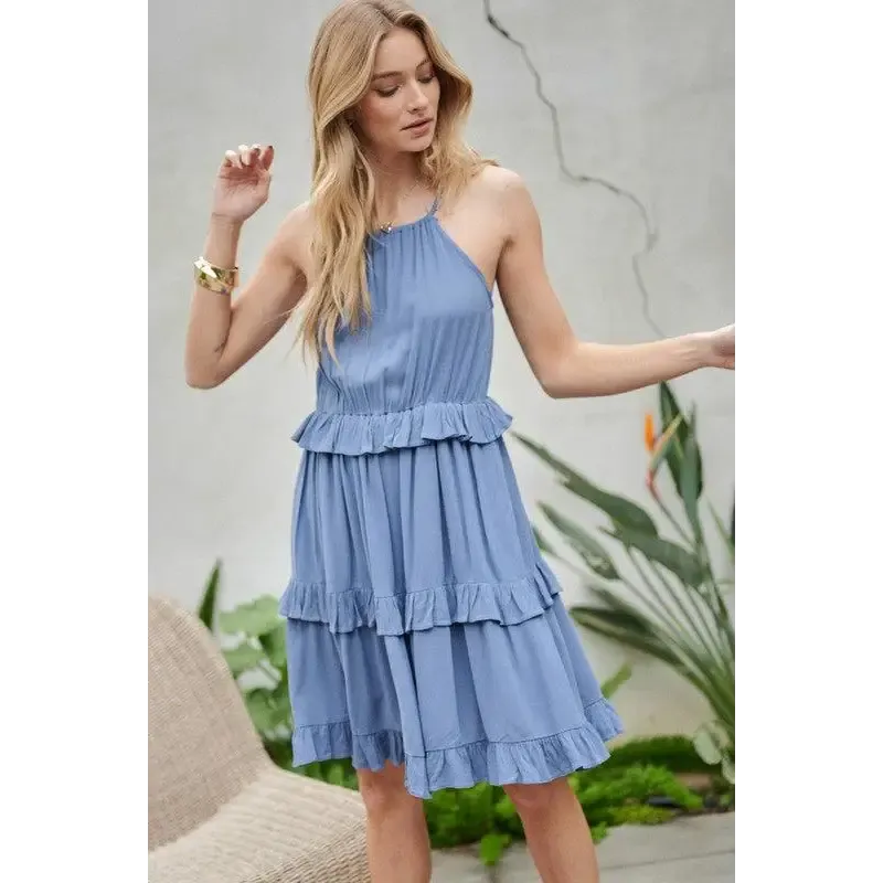 SOLID RUFFLE SLEEVELESS MINI DRESS
