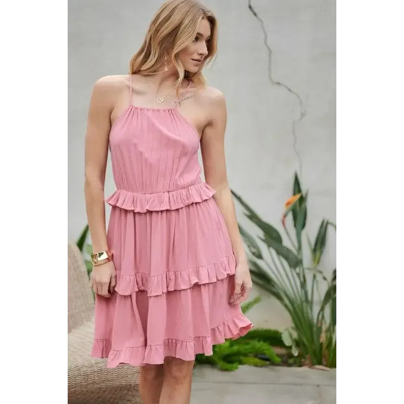 SOLID RUFFLE SLEEVELESS MINI DRESS