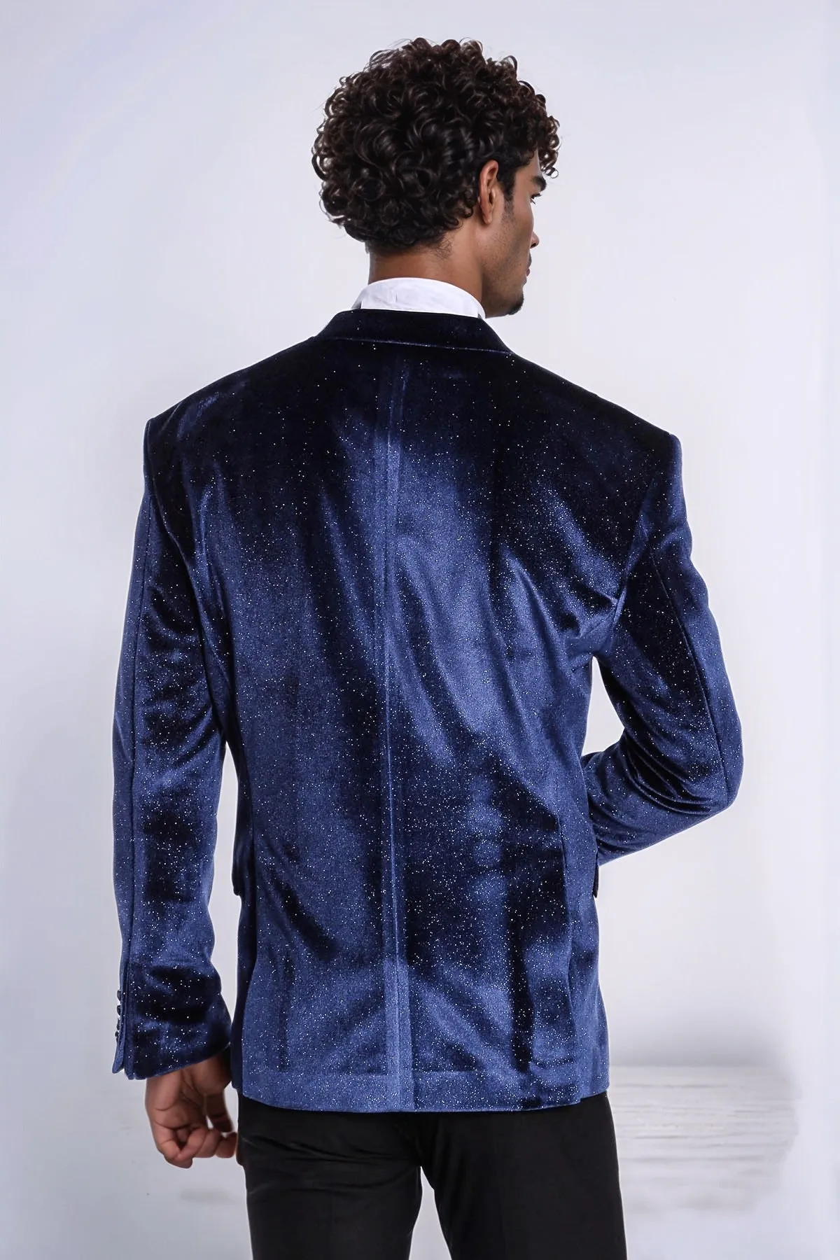 Sparkle Slim Fit Velvet Navy Blue Men Prom Blazer - Wessi